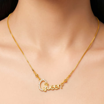 PRAO Necklace Anti-Tarnish Box Chain With Rhinestone-Embellished "Queen" Lettering