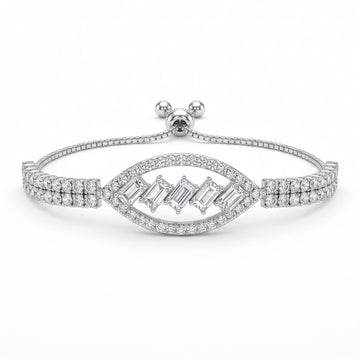 PRAO Bracelet Anti-Tarnish Slider Cuff With Oval Crystal Motif And Diagonal Baguette Accents (Adjustable Size)