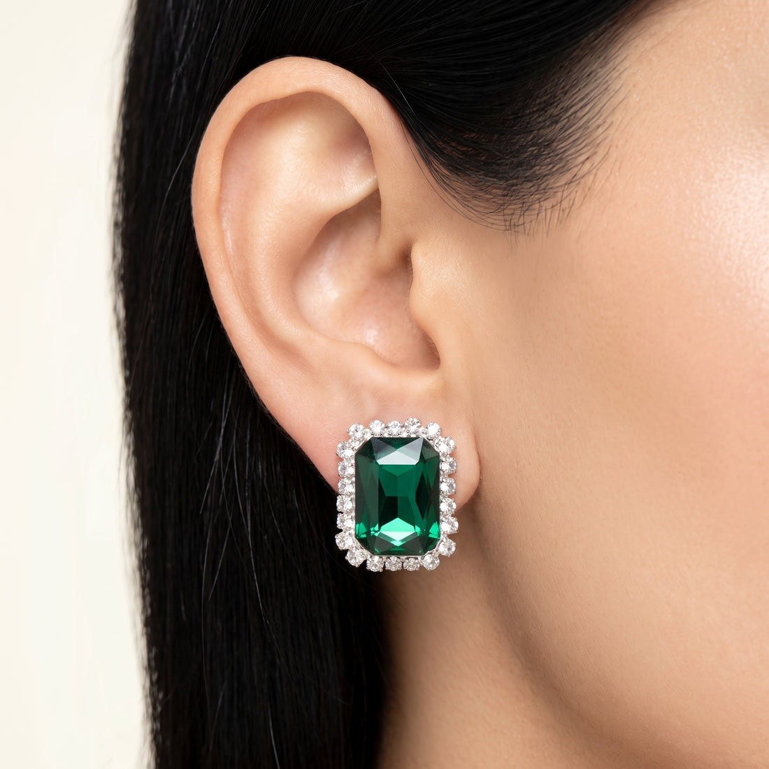PRAO Earrings Anti-Tarnish Emerald Rectangular Crystal Studs With Rhinestone Halo