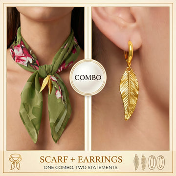 PRAO COMBO ✨ Green Floral Scarf Necklace Leaf Earrings