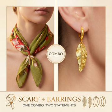 PRAO COMBO ✨ Green Floral Scarf With Leaf Dangles