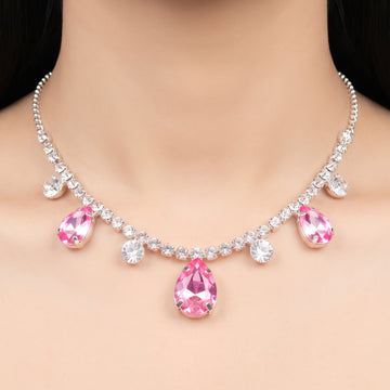 PRAO Necklace Anti-Tarnish Rhinestone Chain With Five Teardrop Pink Crystal Charms
