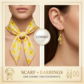 PRAO COMBO ✨ Yellow Floral Scarf Necklace With Anti-Tarnish Golden Seahorse Earrings