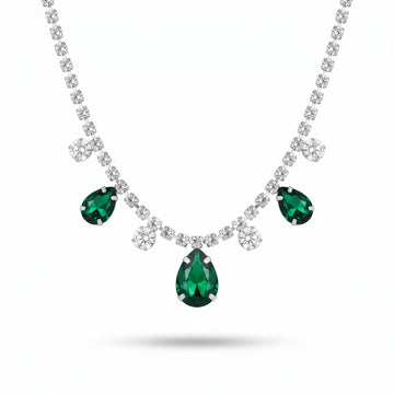 PRAO Necklace Anti-Tarnish Rhinestone Chain With Triple Emerald Teardrop Crystal Charms