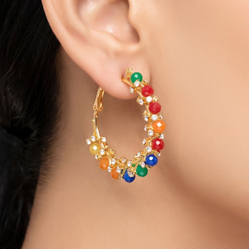 PRAO Earrings Anti-Tarnish Chunky Crystal-Interwoven Hoops With Multicolored Beads