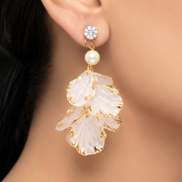 PRAO Earrings Anti-Tarnish Floral Dangles With Faux Pearls And Textured Petals