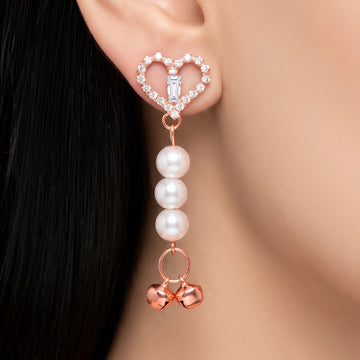 PRAO Earrings Anti-Tarnish Heart Pearl Dangles With Bell Accents