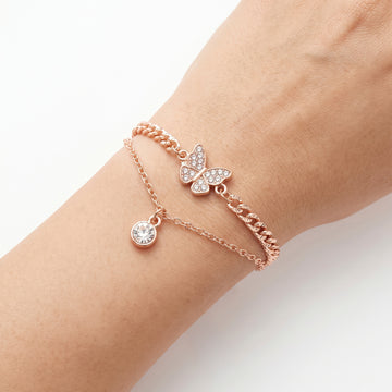 PRAO Bracelet Anti-Tarnish Butterfly Charm Chain Set With Crystal Pave And Solitaire Pendant (Adjustable Size)