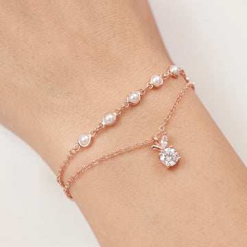 PRAO Bracelet Anti-Tarnish Dual Chain Set With Bezel Imitation Pearls And Solitaire Pendant (Adjustable Size)
