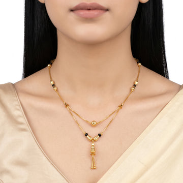 PRAO Necklace Anti-Tarnish Double-Layer Mangalsutra With Black Beads, Central Ball, And Drop Pendant