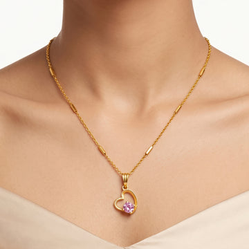 PRAO Necklace Anti-Tarnish Open Heart Pendant Chain With Round Pink Stone