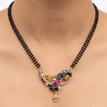 PRAO Necklace Anti-Tarnish Double Strand Black Bead Mangalsutra With Floral Enamel Pendant And Teardrop Charm