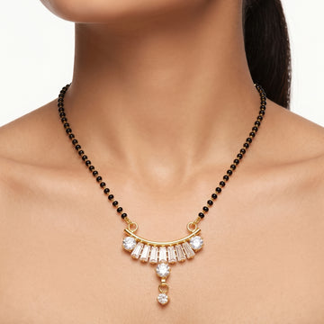 PRAO Necklace Anti-Tarnish Black Bead Mangalsutra With Fan Shaped Crystal Pendant And Dangling Charm