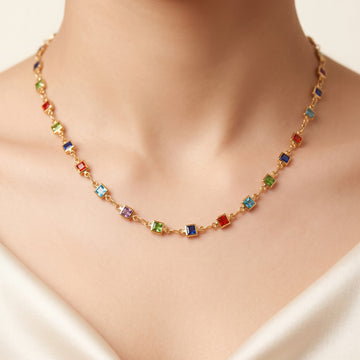 PRAO Necklace Anti-Tarnish Multicolor Square Stone Chain