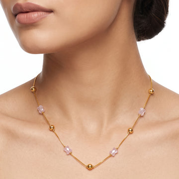 PRAO Necklace Anti-Tarnish Box Chain With Textured Beads And Pastel Pink Bow Crystal Accents