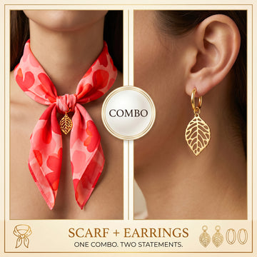 PRAO COMBO ✨ Red Floral Scarf Necklace With Anti-Tarnish Golden Leaf Earrings