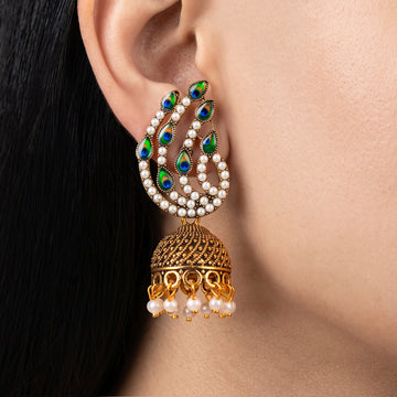 PRAO Earrings Anti-Tarnish Pearl Peacock Jhumka