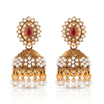 PRAO Earrings Anti-Tarnish Pearl Red Jhumka