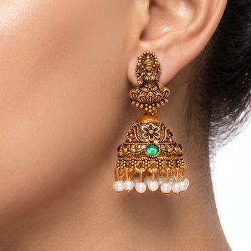 PRAO Earrings Anti-Tarnish Traditional Temple Lakshmi Jhumka Studs With Pink Green Stones And Seed Pearls