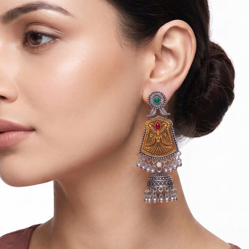 PRAO Earrings Anti-Tarnish Oxidized Dual Tone Jhumka Dangles With Floral Studs And Figurine Motif