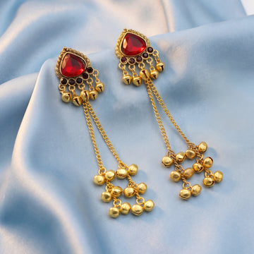 PRAO Earrings Anti-Tarnish Triangle Red Crystal Dangles With Bell And Tiered Chain Accents