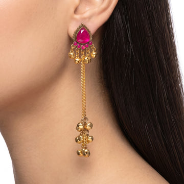 PRAO Earrings Anti-Tarnish Triangle Pink Crystal Dangles With Bell And Tiered Chain Accents