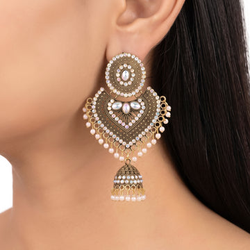 PRAO Earrings Anti-Tarnish Antique Filigree Jhumka Dangles With Crystal Studs And Pearl Drops