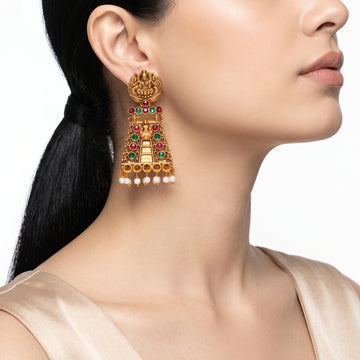 PRAO Earrings Anti-Tarnish Temple-Inspired Design With Goddess Lakshmi, Red and Green Stones, and Seed Pearls
