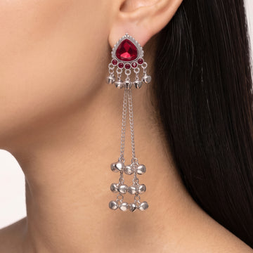 PRAO Earrings Anti-Tarnish Red Teardrop Crystal Dangles With Ghungroo Bells And Tiered Chain Accents