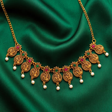 PRAO Necklace Anti-Tarnish Temple-Inspired Design With Lord Krishna, Radha, Stones, and Seed Pearls