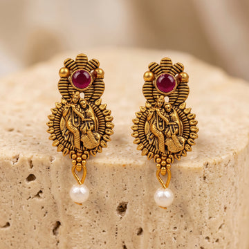PRAO Earrings Anti-Tarnish Antique Temple Radha Krishna Dangles With Red Stone And Pearl Drop