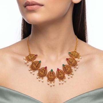 PRAO Necklace Anti-Tarnish Antique Temple Lakshmi With Red Green Stones And Pearl Fringe