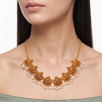 PRAO Necklace Anti-Tarnish Antique Temple Lakshmi Chain With Crescent Motifs And Pearl Fringe
