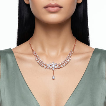 PRAO Necklace Anti-Tarnish Delicate Design With Rhinestones, Floral Motif, and Teardrop Gem