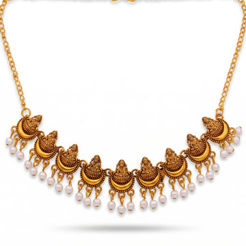 PRAO Necklace Anti-Tarnish Antique Temple Lakshmi Chain With Crescent Panels And Pearl Fringe