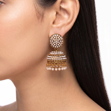 PRAO Earrings Anti-Tarnish Traditional Pearl Jhumka Dangles With Circular Studs