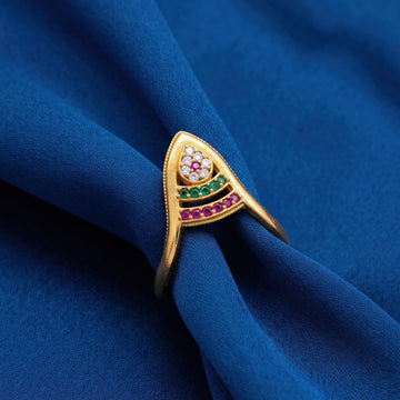 PRAO Ring Anti-Tarnish Traditional Chevron with Pink, Green & White Stones (Adjustable Size)