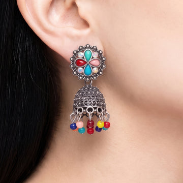 PRAO Earrings Anti-Tarnish Oxidized Jhumka Dangles With Multicolor Stones And Filigree Dome