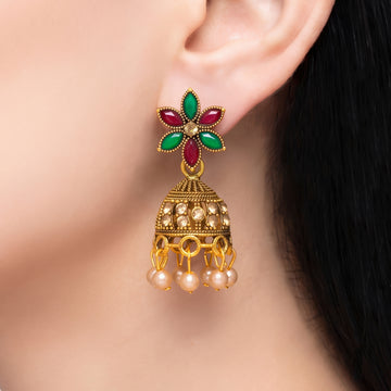 PRAO Earrings Anti-Tarnish Antique Floral Pearl Jhumka