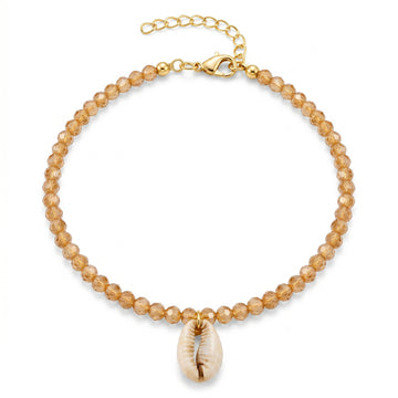 PRAO Anklet Anti-Tarnish Champagne Crystal Bead Chain With Cowrie Shell Charms