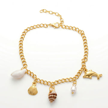 PRAO Anklet Anti-Tarnish Dolphin, Pearl & Cowrie Shell Charms Chain