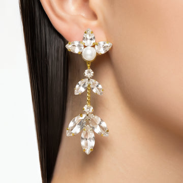 PRAO Earrings Anti-Tarnish Floral Crystal & Pearl Dangles