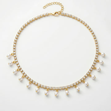 PRAO Necklace Anti-Tarnish Pearl Charm Tennis Chain