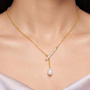 PRAO Necklace Anti-Tarnish Baroque Pearl Bar Chain