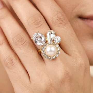 PRAO Ring Anti-Tarnish Pearl Halo Cluster (Adjustable Size)