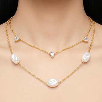 PRAO Necklace Anti-Tarnish Double-Strand Pearl & Trillion Crystal Chain