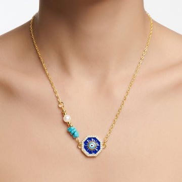 PRAO Necklace Anti-Tarnish Octagonal Evil Eye Pendant Chain