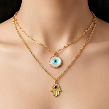 PRAO Necklace Anti-Tarnish Evil Eye Charm & Hamsa Hand Pendant Chain