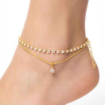 PRAO Anklet Anti-Tarnish Double-Strand Crystal Pendant Chain