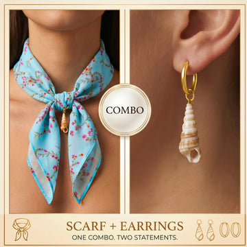PRAO COMBO ✨ Blue Floral Scarf Necklace With Anti-Tarnish Golden Seashell Earrings